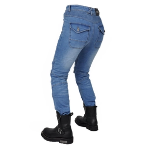 Slim fit women's motorcycle riding jeans in washed blue with accordion panels on knees