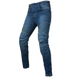 Detail view of ergonomic knee stretch panels on blue motorcycle riding jeans for men