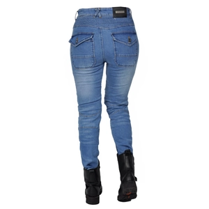 Slim fit women's blue denim motorcycle riding pants with reinforced knee and back pockets