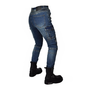 Detail view of motorcycle jeans featuring protective knee pleats and utility cargo pockets