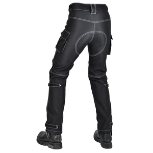Back view of waterproof motorcycle riding pants with white contrast stitching and cargo pockets