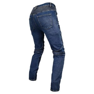 Men's blue motorcycle riding jeans featuring accordion stretch panels and protective denim