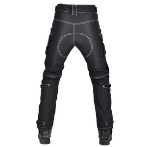 Rear view of waterproof motorcycle riding pants with contrast stitching and multi-pocket design