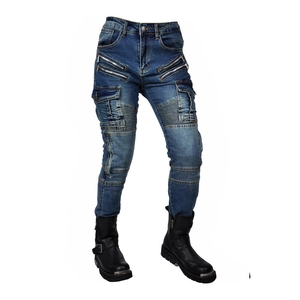 Blue motorcycle jeans featuring cargo pockets and stretch panels for riding protection