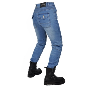 Slim fit women's blue motorcycle jeans with elastic accordion panels and biker boots
