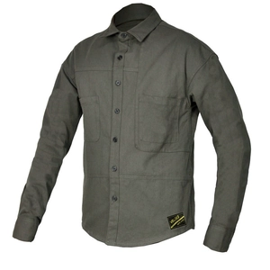 Detail of the olive green motorcycle riding shirt with buttoned chest pockets and logo