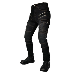 Women's black armored motorcycle jeans with accordion panels and protective pads