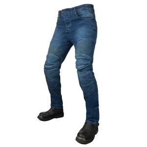Detail of vintage blue motorcycle riding jeans with protective accordion stretch panels