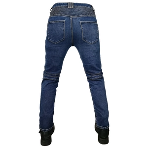 Detail view of motorcycle jeans with accordion stretch panels for enhanced riding mobility