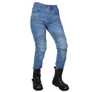 Detail of slim fit motorcycle jeans featuring protective knee padding and ribbed panels
