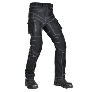 Detail of waterproof motorcycle riding pants with contrast white stitching and side cargo pockets