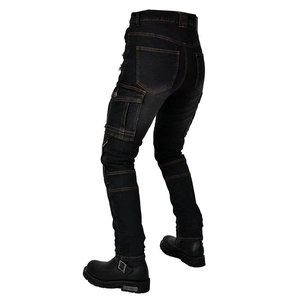 Heavyweight black motorcycle jeans with orange stitching and accordion stretch panels