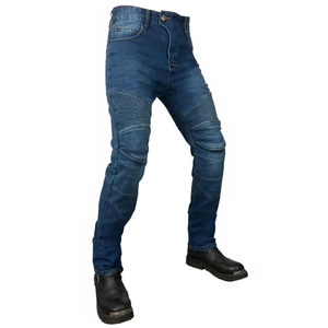Detail of blue stretch motorcycle jeans showing accordion panels on knees for flexibility