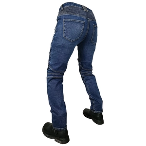 Detail view of motorcycle jeans with accordion stretch panels for enhanced protection