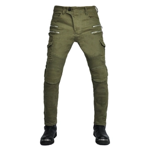 Army green motorcycle cargo pants with protective knee pleats and multi-zipper pockets