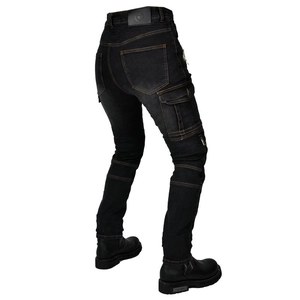 Detail of grey motorcycle jeans featuring pleated knee panels and orange contrast stitching