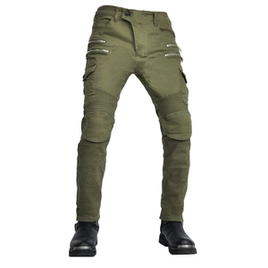 Army green motorcycle cargo pants with protective knee pleats and utility zipper pockets