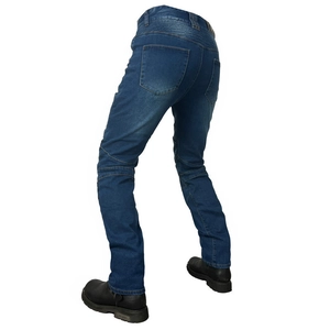 Detail of accordion stretch panels on blue motorcycle jeans for flexible riding comfort