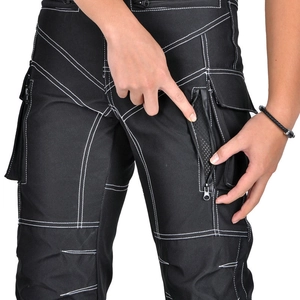 Close-up of waterproof motorcycle pants with white stitching and mesh zipper pocket