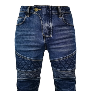 Slim fit moto riding jeans in dark blue wash with reinforced knee panels and stitching