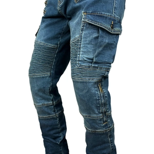 Blaue Motorrad-Jeans für Damen und Herren mit Knie-Schutzfalten und praktischen Cargo-Taschen