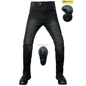 Detail view of motorcycle jeans with detachable CE-certified knee and hip protectors