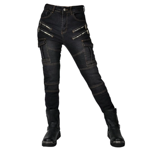 Detail of motorcycle jeans with cargo pockets and accordion panels on the knees