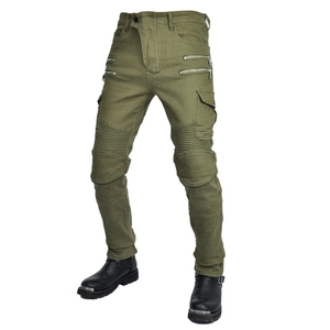 Olive green motorcycle cargo pants with stretch knee panels and utility side pockets