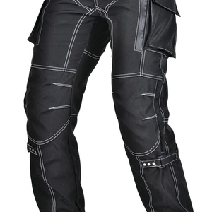 Detail view of motorcycle pants with white contrast stitching and tactical cargo pockets