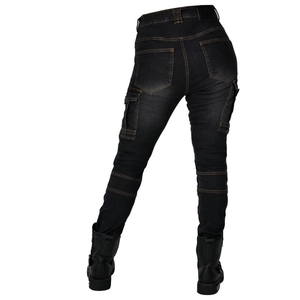 Women's black motorcycle jeans with stretch accordion panels and reinforced cargo pockets