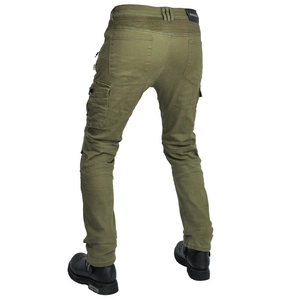 Men's army green tactical motorcycle jeans with accordion stretch panels and side zippers