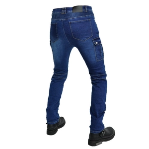Detail of dark blue motorcycle jeans featuring accordion stretch panels and cargo pocket