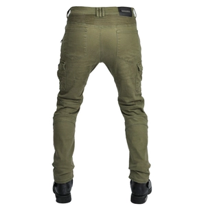 Rear view of army green motorcycle cargo pants with stretch panels and large pockets
