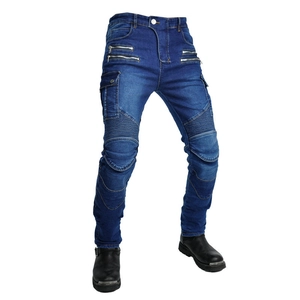 Detail view of motorcycle jeans featuring accordion stretch panels and cargo pockets