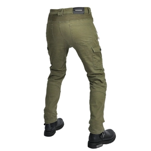 Detail of army green motorcycle cargo pants with stretch accordion panels and tactical pockets