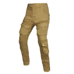 Khaki motorcycle cargo pants with protective knee accordion panels and multiple pockets