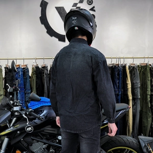 Schwarze Motorradjacke aus Denim im Retro-Stil mit Langarm und amerikanischem Schnitt