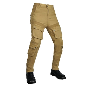 Detailed view of khaki motorcycle cargo pants with pleated stretch panels and zip cuffs