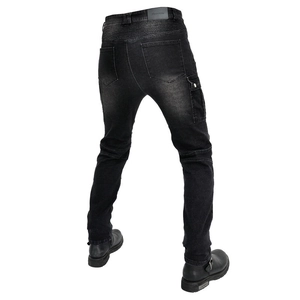 Detail of motorcycle jeans featuring elastic waist pleats and cargo pockets for riding