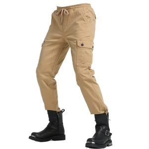 Detail of khaki motorcycle cargo pants with elastic waist and side tactical pockets