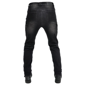 Detail view of motorcycle jeans with ribbed accordion panels and tactical pockets