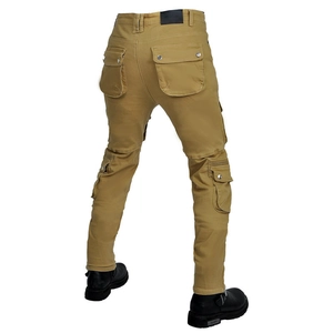 Men's khaki motorcycle cargo pants with multi-pockets and protective fabric shown from back