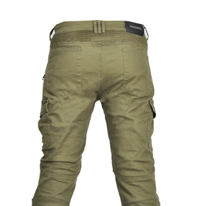 Rear view of olive green motorcycle cargo pants with stretch panels and utility pockets