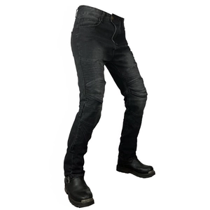 Slim fit vintage motorcycle jeans in dark grey with stretch accordion panels and boots