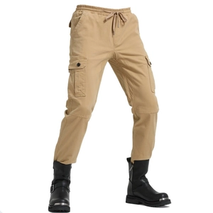 Detail of khaki motorcycle cargo pants with elastic drawstring waist and side flap pockets