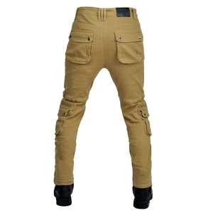 Men's khaki motorcycle cargo pants with multi-pockets and accordion stretch back view