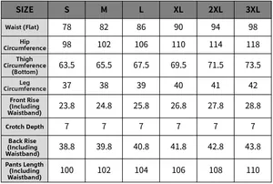 Detailed size chart for motorcycle riding pants covering S to 3XL with key measurements