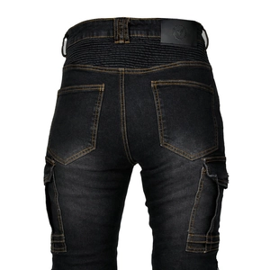 Detail of motorcycle jeans back with elastic waist panel and cargo pockets in black denim