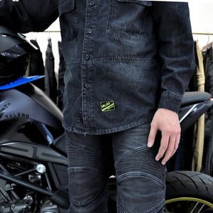 Schwarzer Retro-Motorrad-Jeansanzug mit Jacke und Stretch-Hose für Herren und Damen
