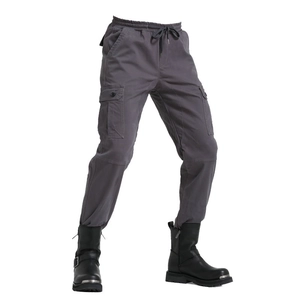 Deep grey multi-pocket motorcycle riding pants with elastic drawstring waist and loose fit